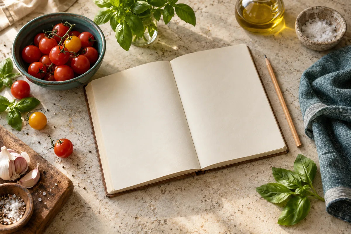 Carnet de recettes ouvert, tomates et basilic sur une table claire.