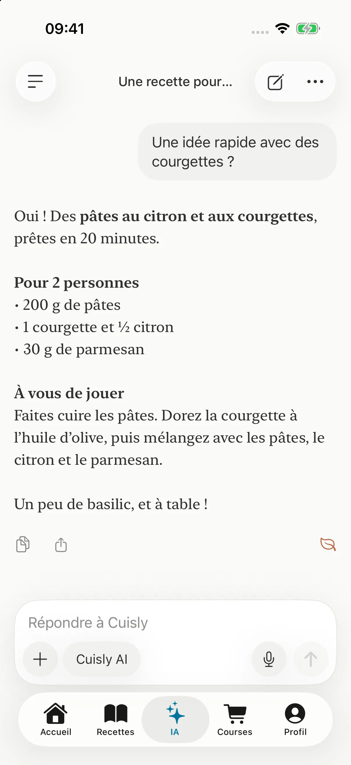 Conversation de démonstration dans Cuisly AI