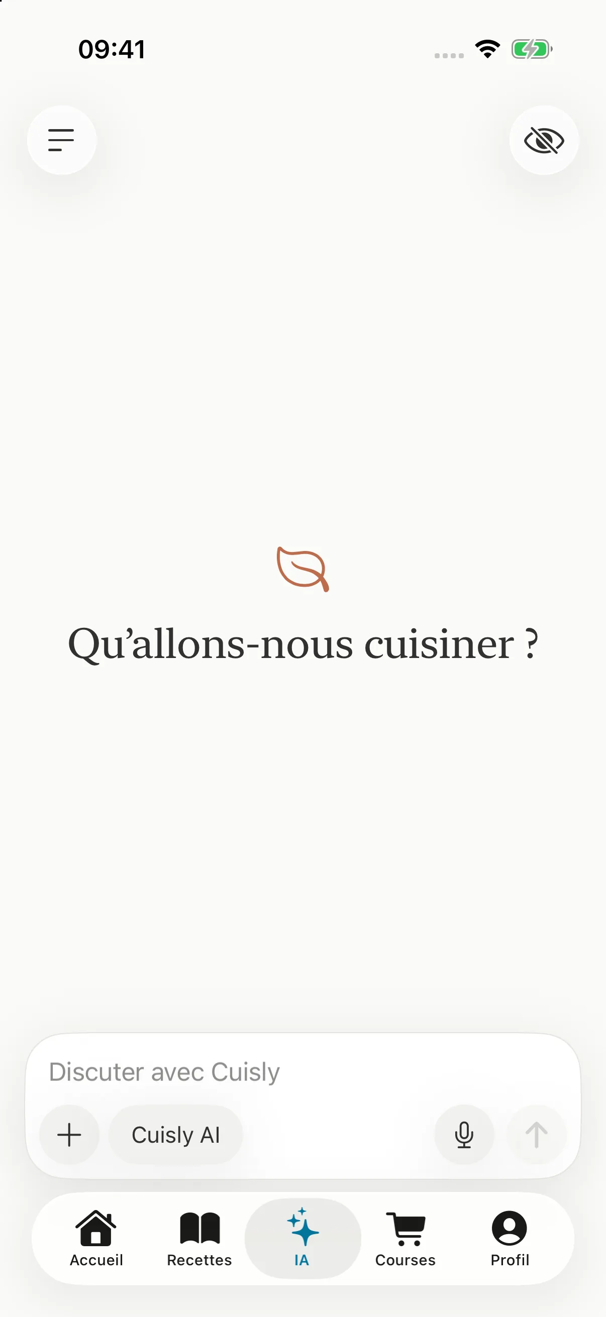 Écran d’accueil natif de Cuisly AI