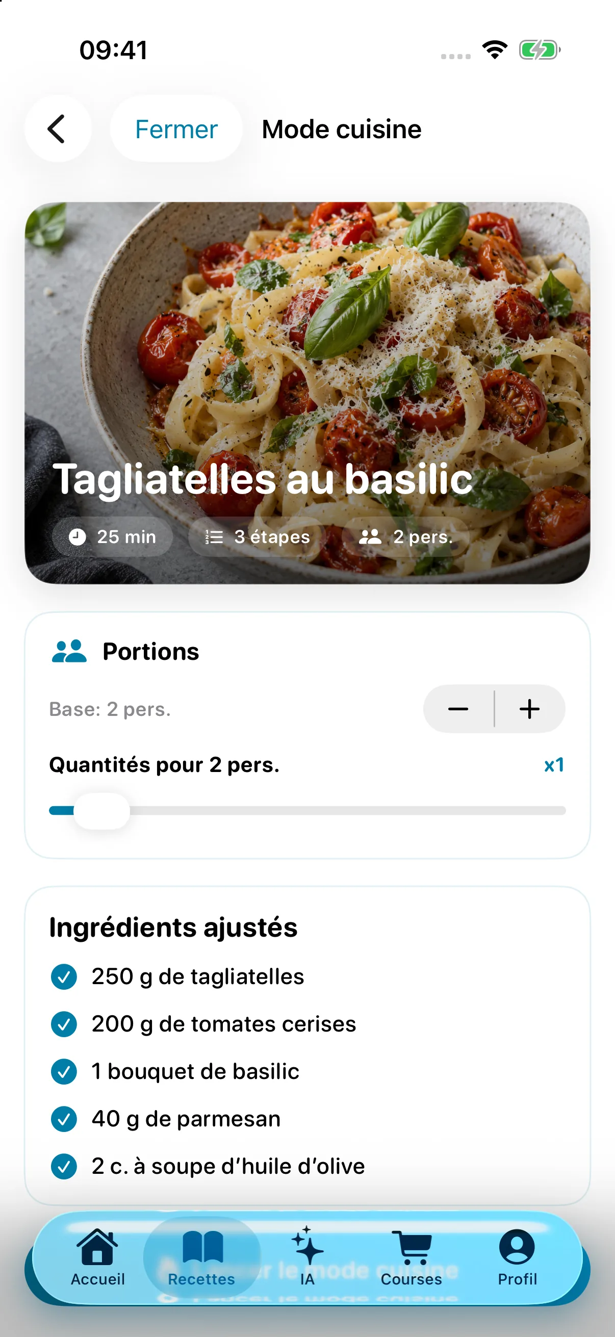 Mode cuisine de Cuisly : choix des portions et quantités ajustées